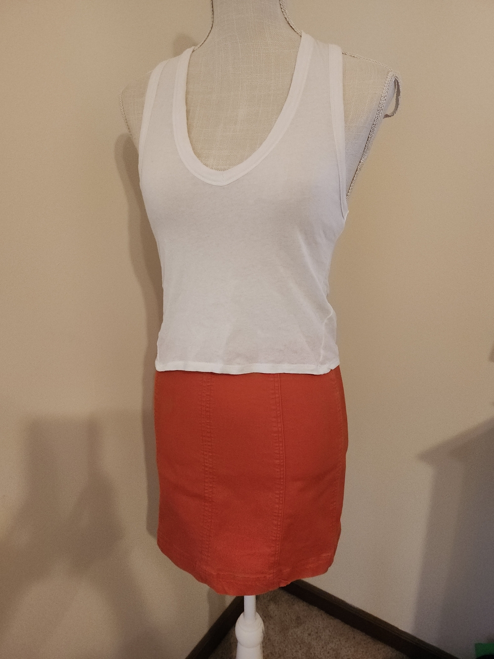 Bright Coral Mini Skirt With White V Neck Tank Top - Clean, Versatile Style